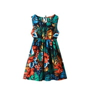 JSCDRPDWL Flower Girl Dress Girls Toddler Kids Crew Neck Summer Sleeveless Sundress Casual Beach Floral Prints Party Dress Girls Black Dress Yellow 6-7 Years